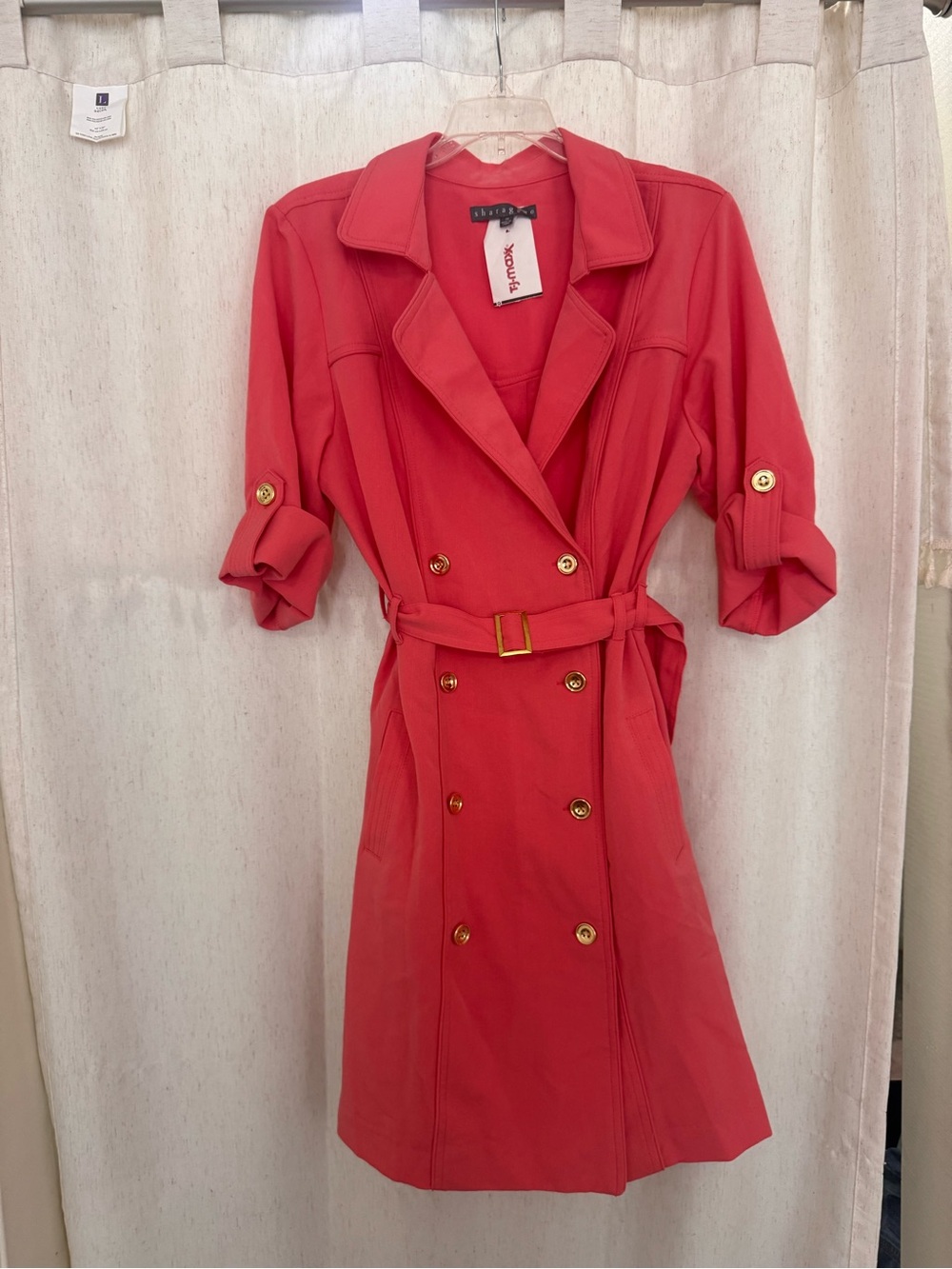 Sharagano Coral-Red Double-Breasted Midi Trench Dress with Belt